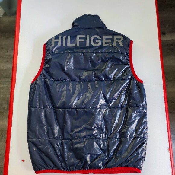 Tommy Hilfiger Sport Vest men's size M navy and red graphic on back, zip pockets - Picture 4 of 11